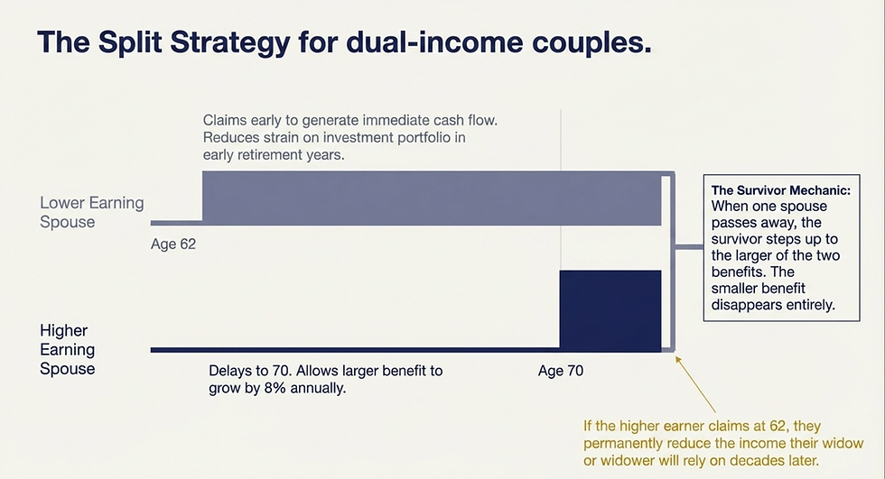 Diagram detailing the Social Security split strategy for dual-income couples. It illustrates the financial planning tactic of the lower earner claiming at age 62 for immediate cash flow, allowing the higher earner's benefit to grow until age 70 to maximize lifetime survivor protection.