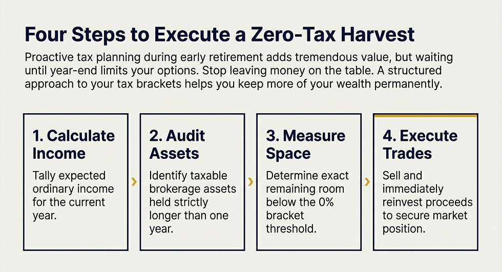 A four-step visual checklist for executing a zero-tax harvest. The key insight is that successfully resetting cost basis requires precisely calculating current income, auditing asset holding periods, measuring tax bracket space, and executing immediate repurchases before year-end.
