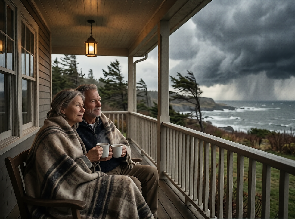 A photorealistic, wide-angle cinematic photograph of a serene couple in their early sixties bundled together in a blanket on a cozy, covered wooden porch. They are holding steaming mugs of coffee, appearing calm and contented under the soft, warm light of a hanging lantern, creating a distinct sense of safety and refuge. Beyond the rustic porch railing, a dramatic and turbulent storm rages over a rugged coastal landscape under dark, roiling clouds. Wind-bent trees sway violently near the shoreline, grey waves crash on the choppy water, and distant rain fills the atmospheric background, presenting a sharp contrast between the peaceful foreground sanctuary and the chaotic, dangerous environment outside. The image uses a muted earthy color palette, emphasizing the contrast in lighting and weather, and contains absolutely no text or lettering.