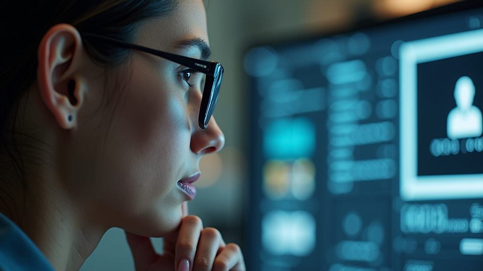 Close-up view of a thoughtful person interacting with a virtual assistant