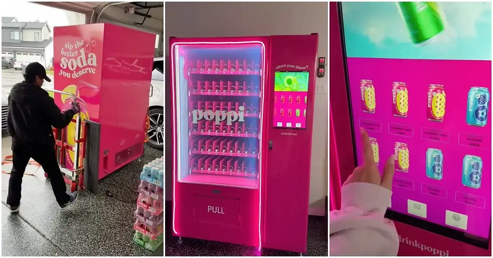 Poppi prebiotic soda branded vending machine in influencer’s home during Super Bowl campaign