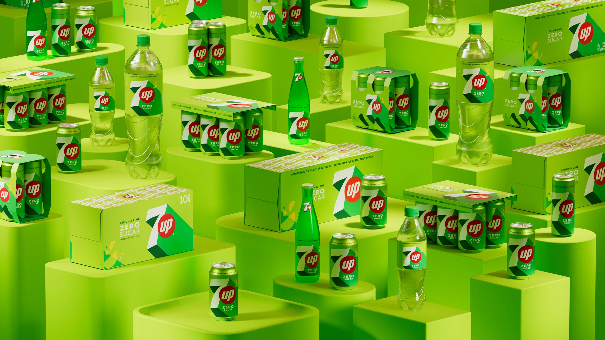 Sevenb up product shot campaing. multipla soda cans and bottles of seven up.