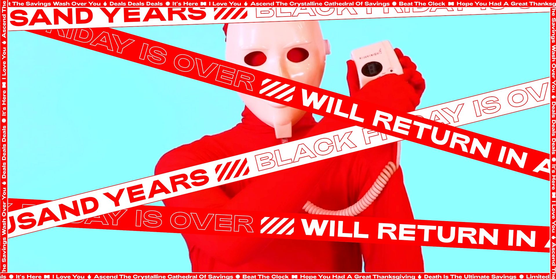 Cards Against Humanity ad featuring a masked figure in a red suit holding a landline phone, surround