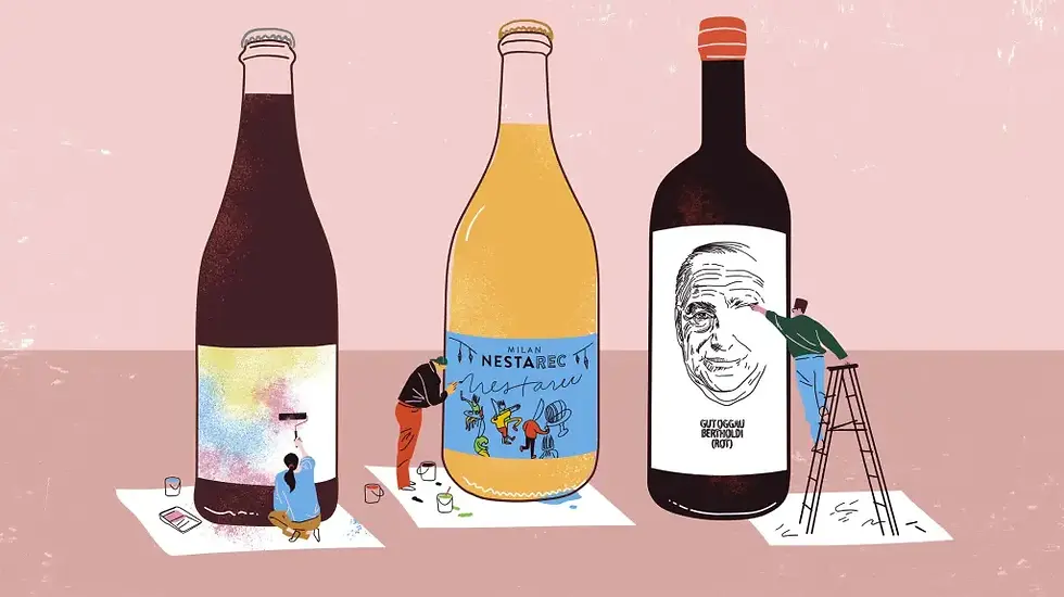 Three wine bottles with illustrated labels. People paint the labels; pastel patterns, "Nestarec", and a portrait "Gut Oggau" are visible. Playful mood.