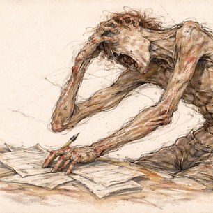 Emaciated figure grips head in frustration while writing on scattered papers. Pale, sketch-like style accentuates a tense, stressed mood.