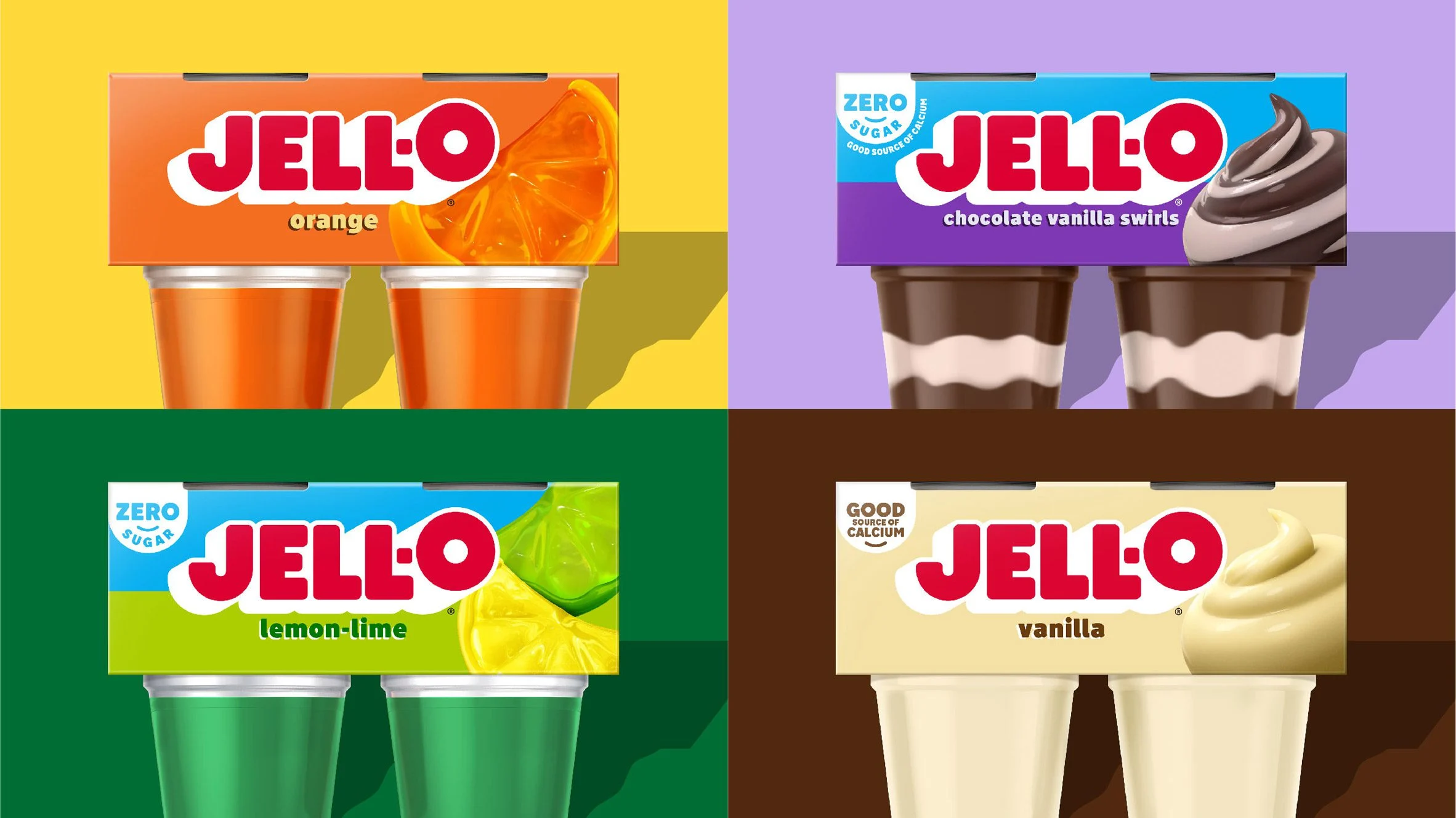 jello product shot of orange flavor, pudin, vanilla jello puddin, lime jello