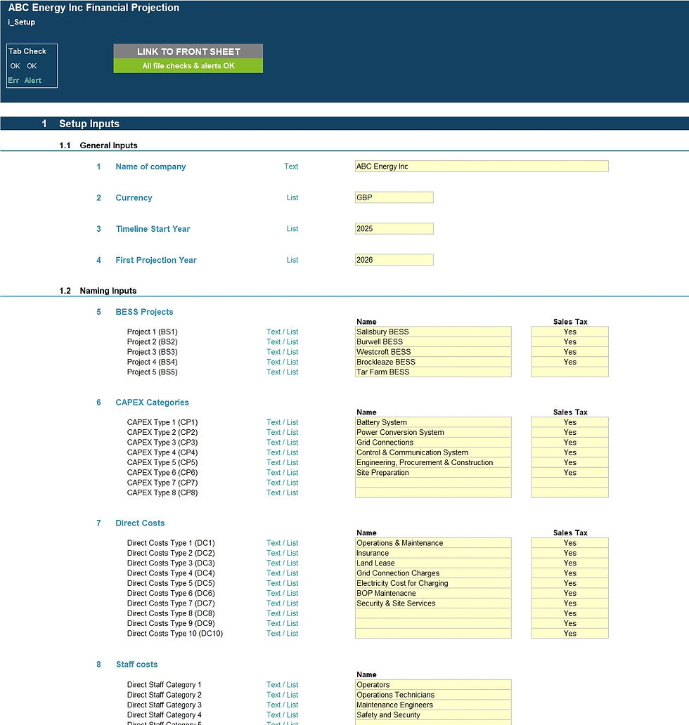 BESS (Battery Energy Storage System) financial model setup