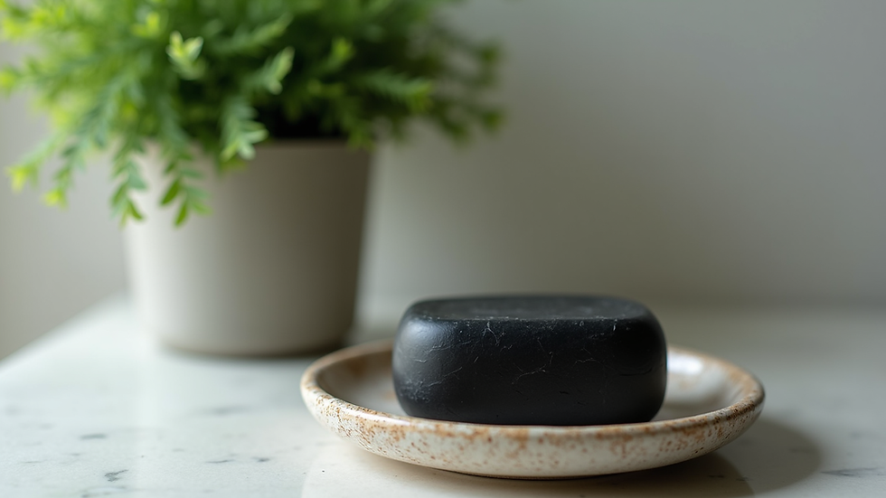 Eye-level view of a soap dish holding a black charcoal soap bar next to a green plant