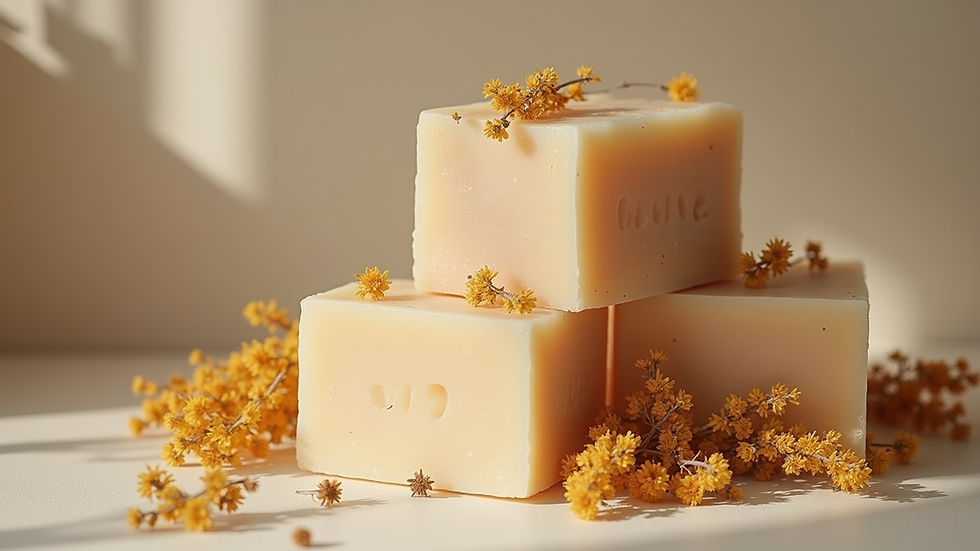 Eye-level view of natural soap bars stacked with dried flowers