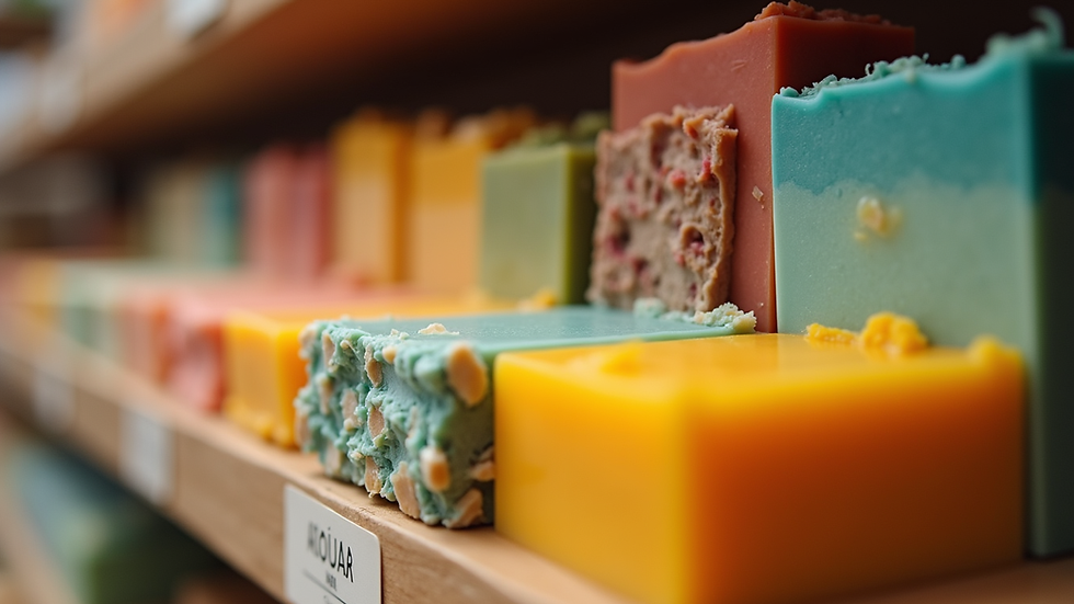 Eye-level view of artisan soap display with colorful handmade bars
