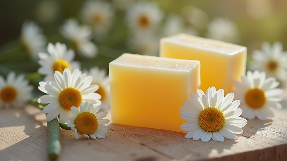 Eye-level view of a natural soap bar with chamomile flowers on a wooden surface