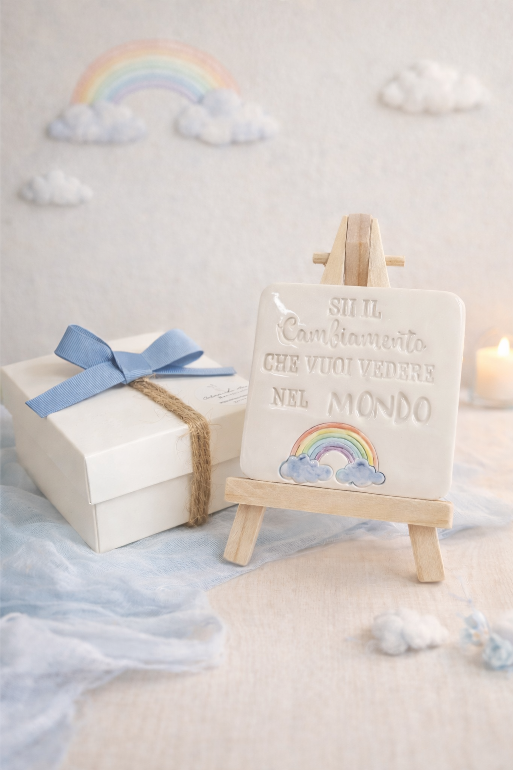 Bomboniera Mattonella arcobaleno e frase con cavalletto