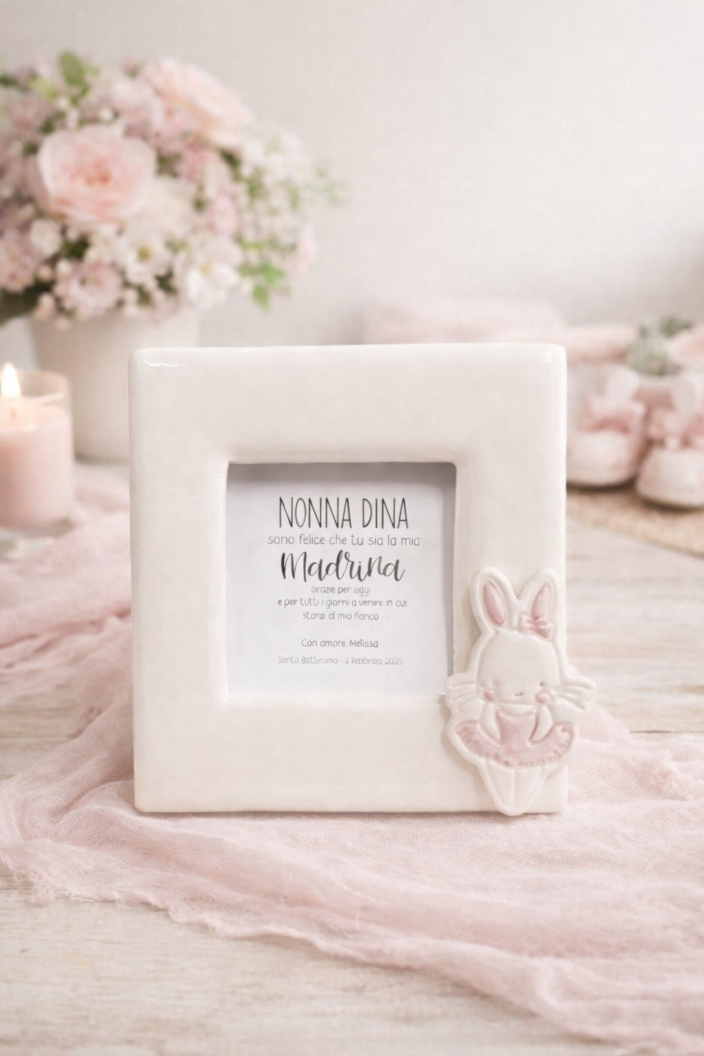 Bomboniera porta foto coniglietta con tutù misura 16x16