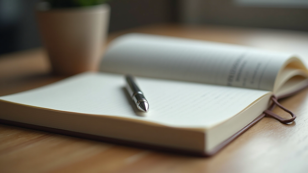 Close-up view of a journal and pen on a wooden desk, symbolising self-reflection and planning