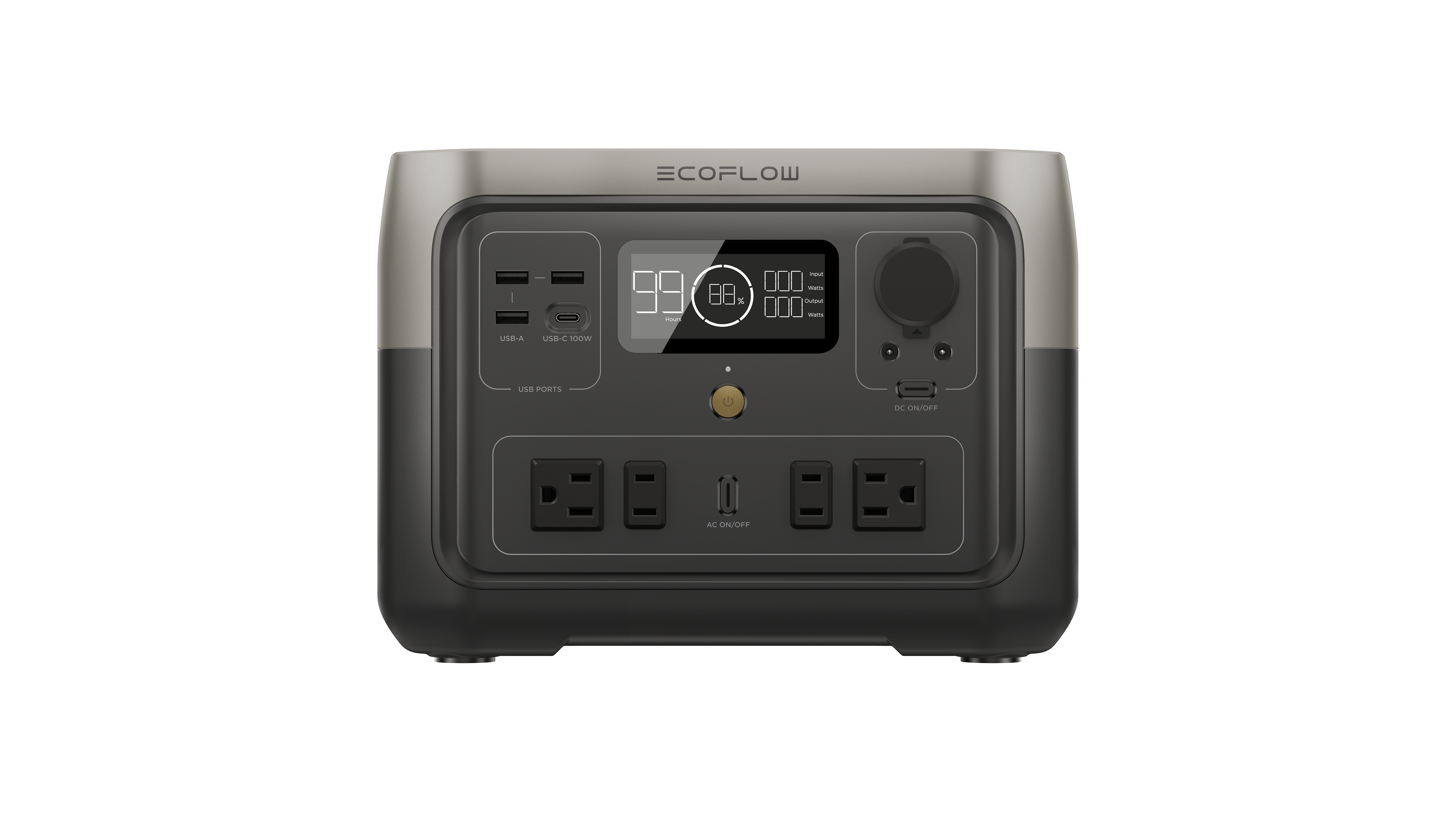 EcoFlow River 2 Max portable power station front panel with readout display and power outlets