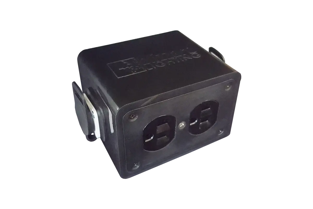 Blizzard lighting drop-pc power outlet box for marching speaker frames angle 1