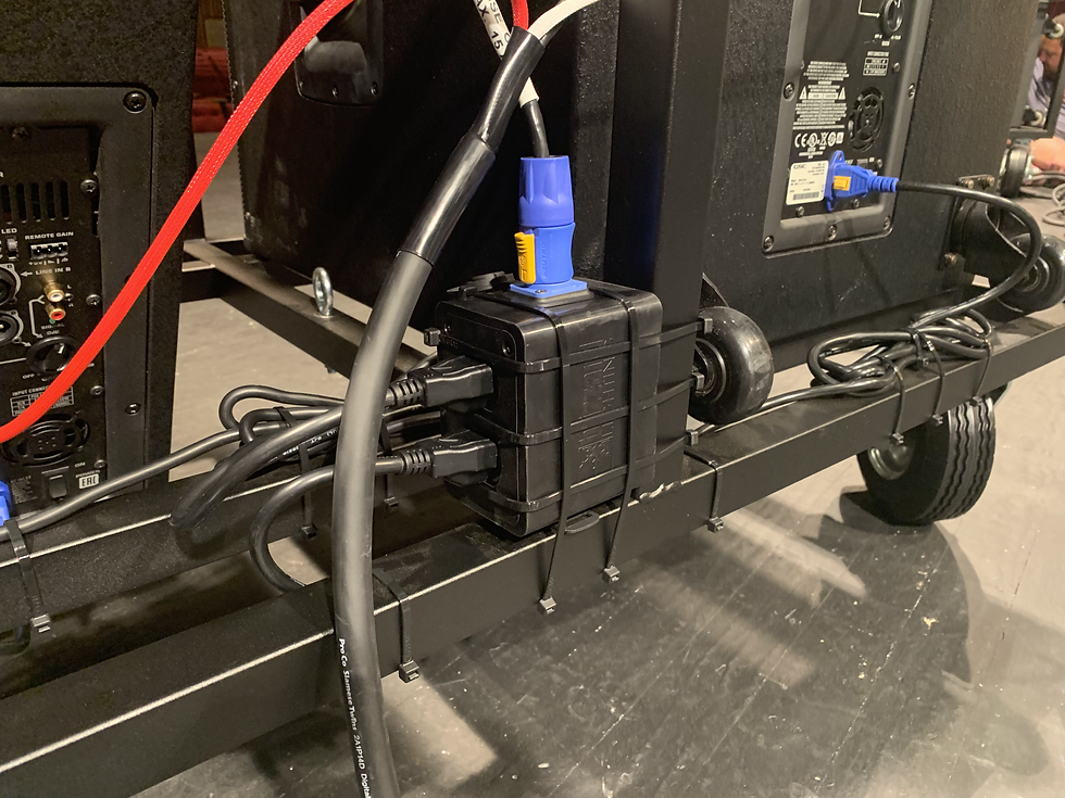 Thumbnail: Blizzard lighting drop-pc power outlet box on marching speaker cart rear angled view