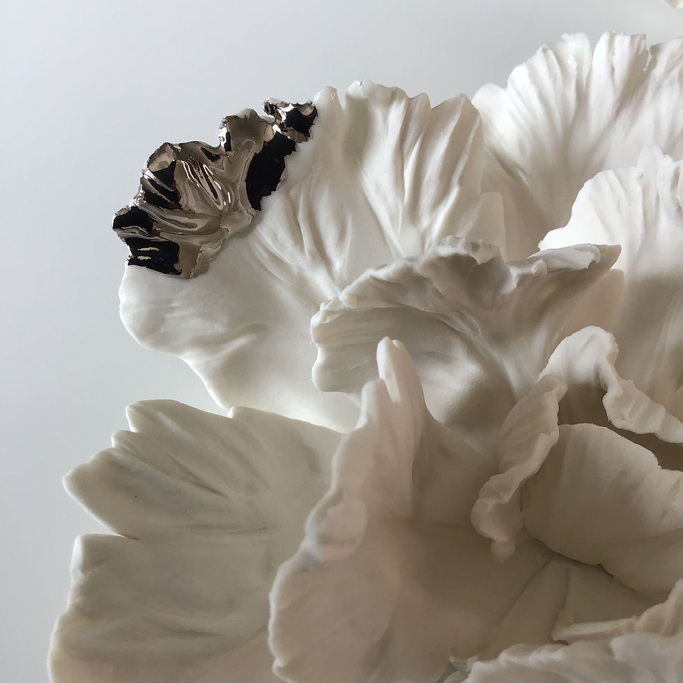 Thumbnail: Set of 3 White and Platinum Porcelain Parrot Tulip Blooms