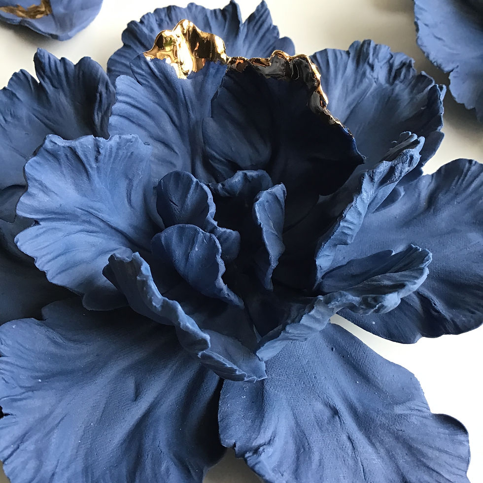 Thumbnail: Set of 3 Porcelain Parrot Tulips - Britannia Blue and Gold