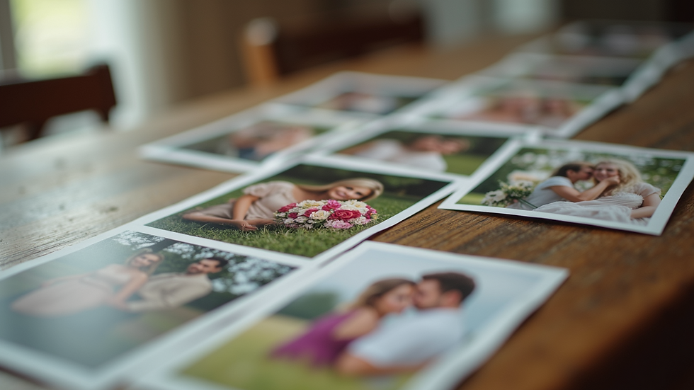 Close-up view of a photo strip with personalised wedding graphics