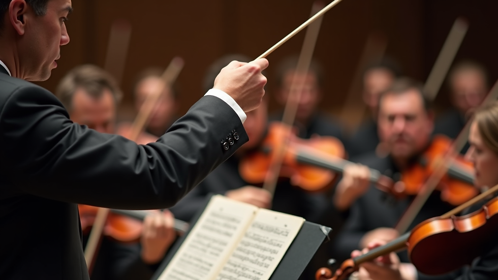 High angle view of a conductor’s baton poised above an orchestra’s string section