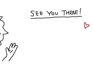 A simple line portrait of Tamora with bushy hair and a black top, drawn in microsoft paint. The text next to her reads 'See You There! Heart'