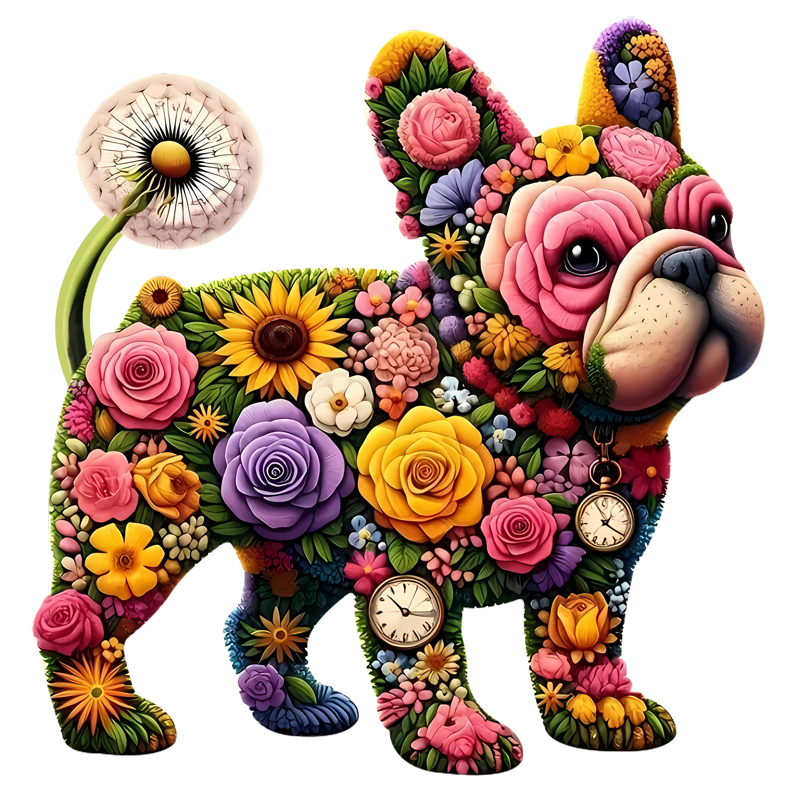 פאזל עץ - בולדוג צרפתי פרחוני