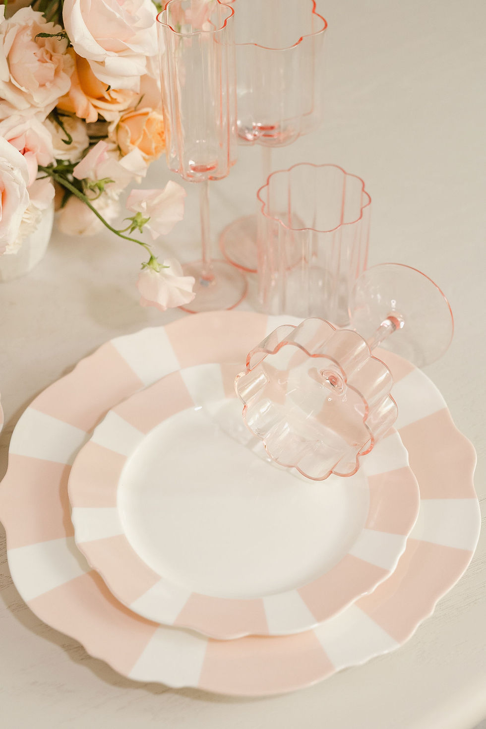 Thumbnail: Elegant blush pink dinner plate with rose accents, perfect for weddings and refined event rentals.