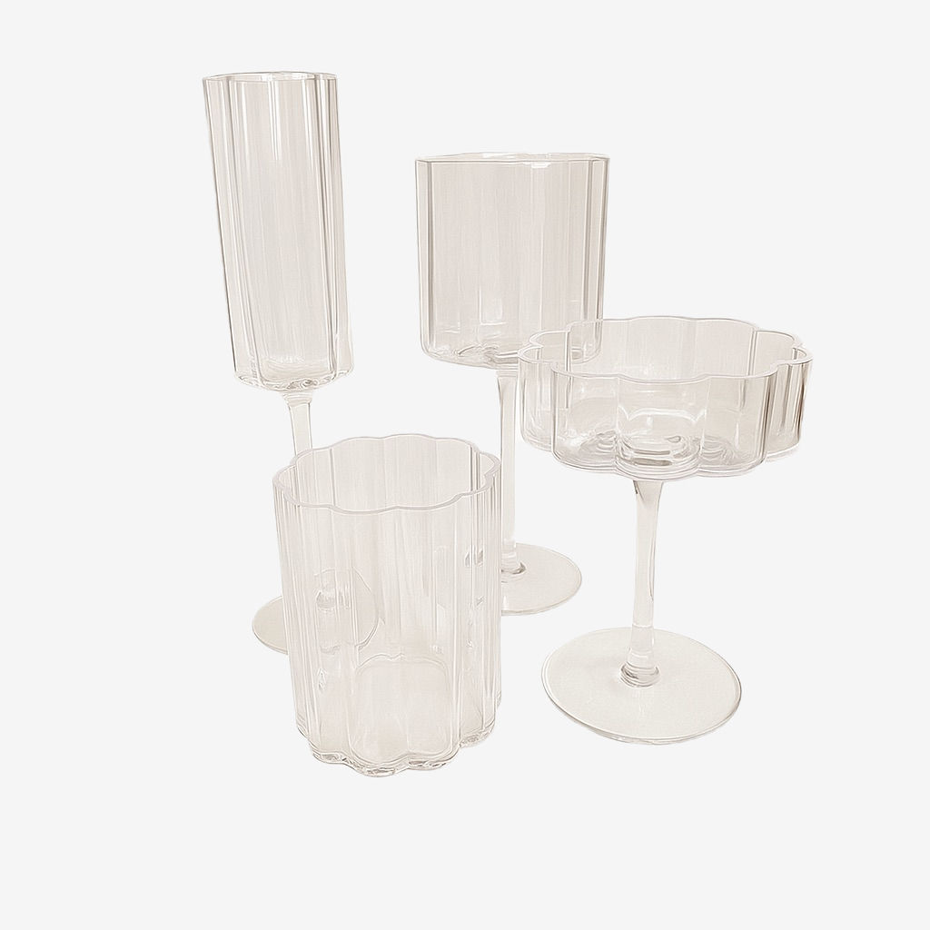 Clear glass goblet set ideal for elegant wedding tablescapes and upscale event rentals.