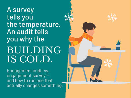 Engagement audit: Editorial illustration contrasting a thermometer with an X-ray of a building, representing the difference between an engagement survey and an engagement audit.