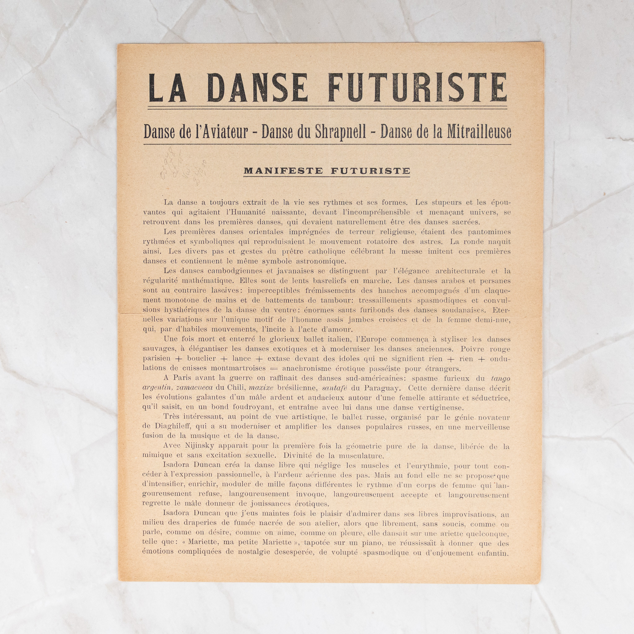 La Danse Futuriste. Danse de l’aviateur – Danse du shrapnell – Danse de la mitrailleuse. Manifeste futuriste