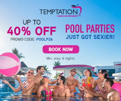 Temptation Cancun Resort pool party promotion offering up to 40% off with promo code POOLP26 and a minimum four-night stay.