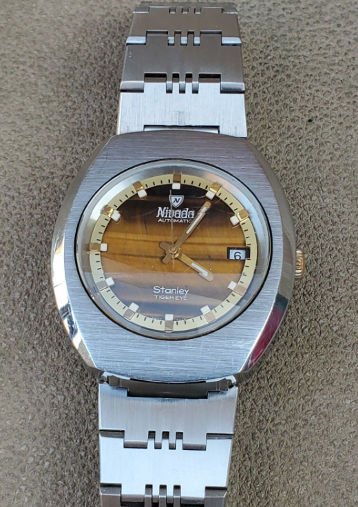 Thumbnail: Nivada Grenchen,Stanley tiger eye, gemstone dial, men's watch Rare