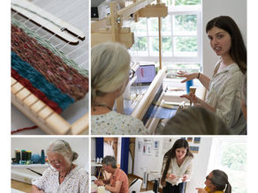 Textile artist Helena Powell demonstrating weaving techniques and chatting with visitors during her Summer Residency at Mill Tye Gallery.