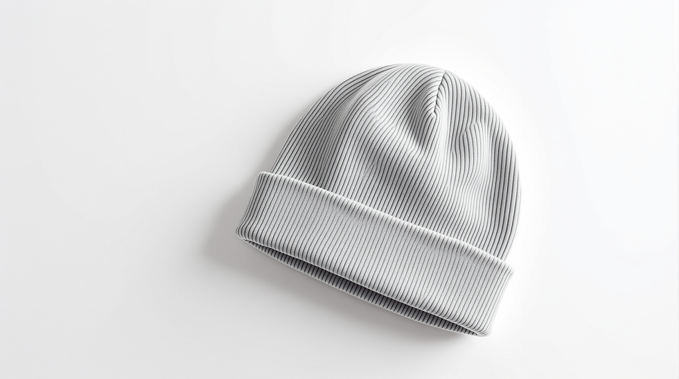 Baby beanie hat on white background (side view)