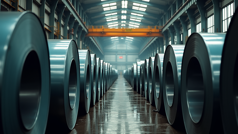 High angle view of steel coils arranged in a factory