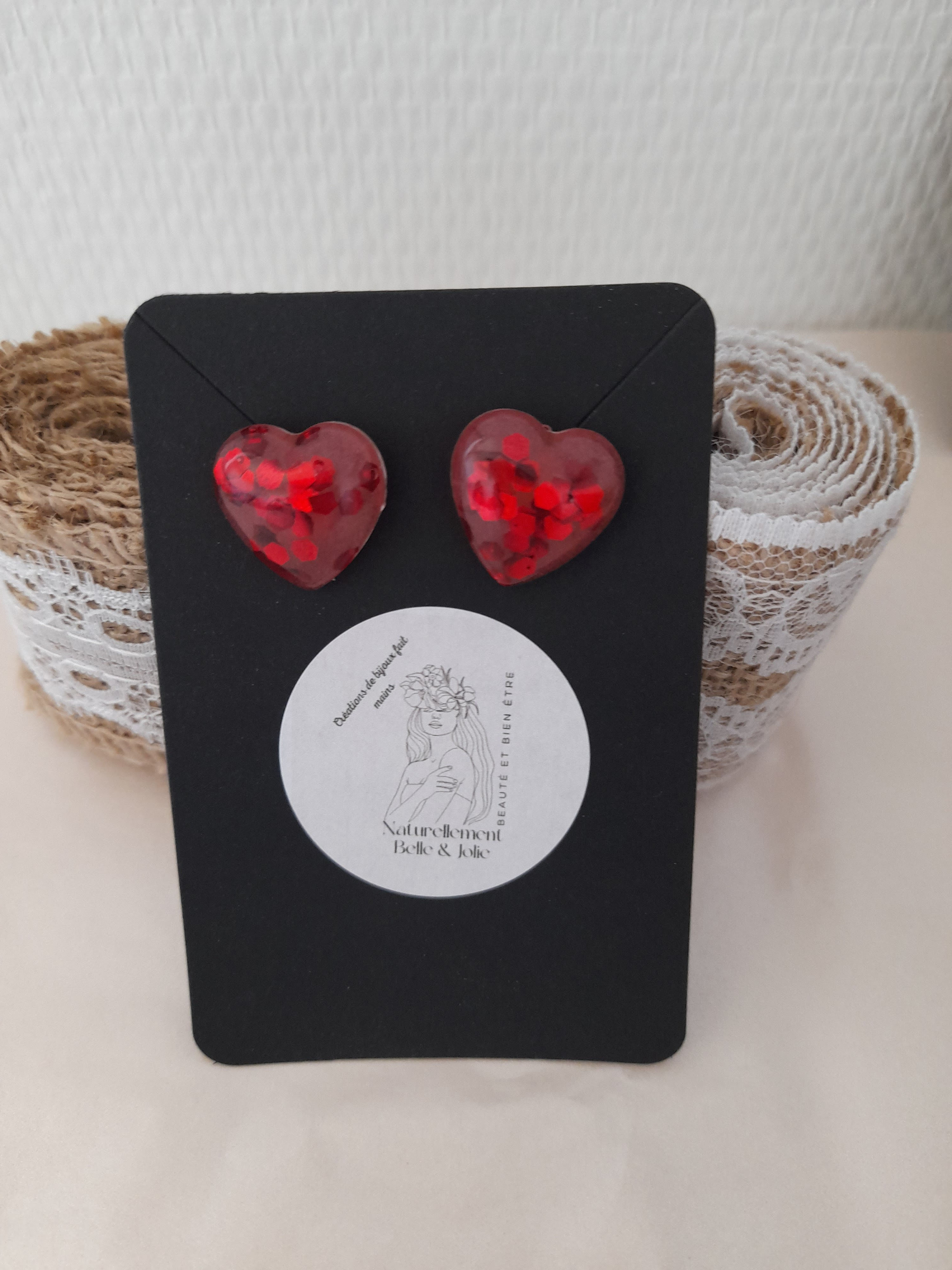 Boucle oreilles cœur rouge déco paillettes
