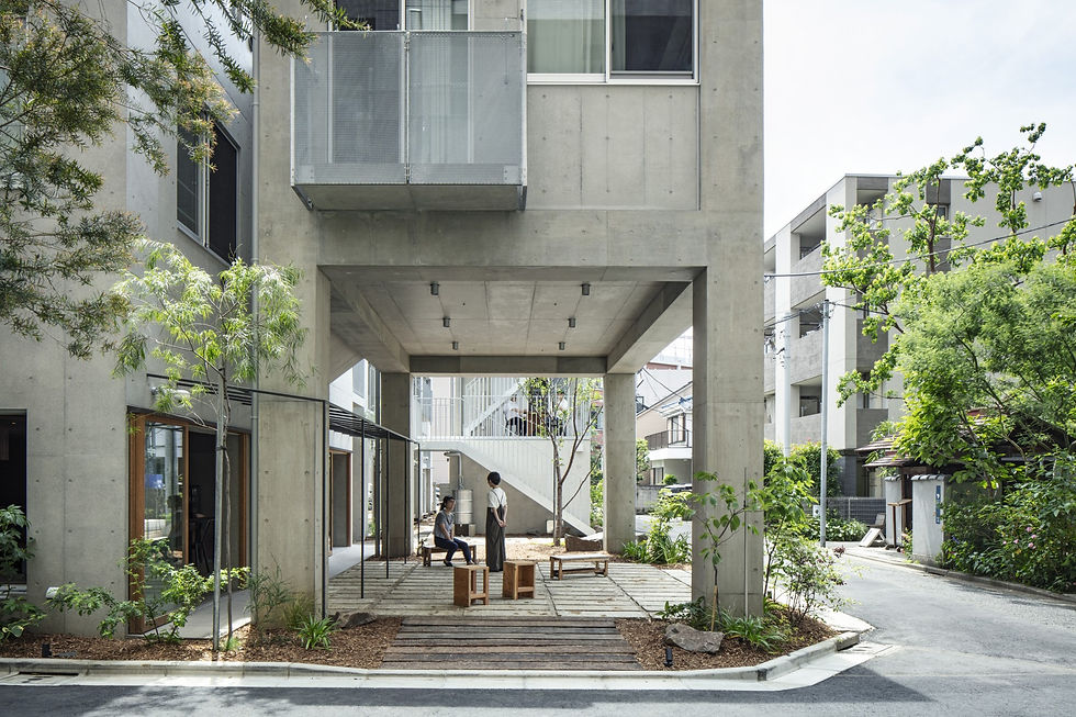 A multifaceted urban development in Tokyo featuring a harmonious blend of renovated and new structures, interconnected by open alleys, vibrant interior lighting, and versatile 'Doma' spaces designed for community engagement.