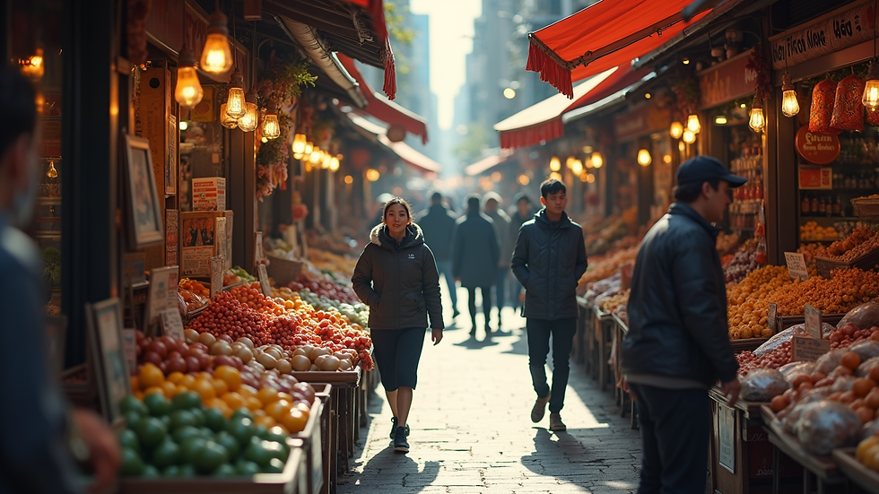 High angle view of a city market bustling with shoppers