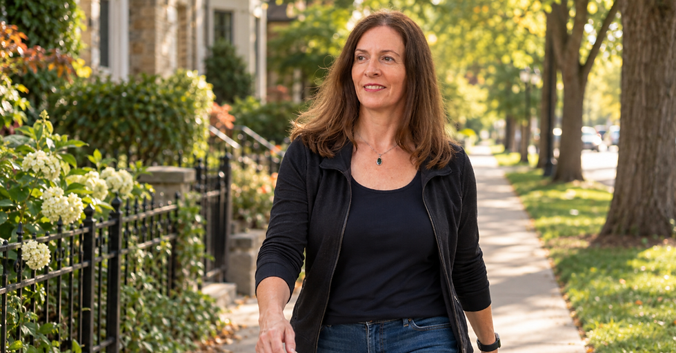 Woman walking along a tree-lined residential street in warm natural daylight, looking slightly off camera with a relaxed, reflective expression.