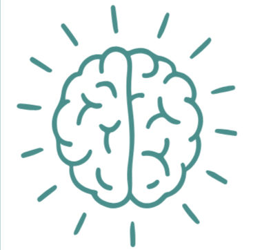 Illustration of a brain outline with radiating lines, suggesting ideas or thinking. Teal color on a white background, symbolizing creativity.