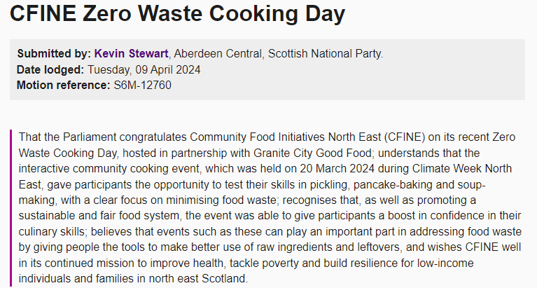 Granite City Good Food Recognised in Parliament!