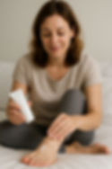 Woman applying lotion to her foot in a cozy bedroom setting. She smiles gently, wearing a beige shirt and gray pants, conveying relaxation.