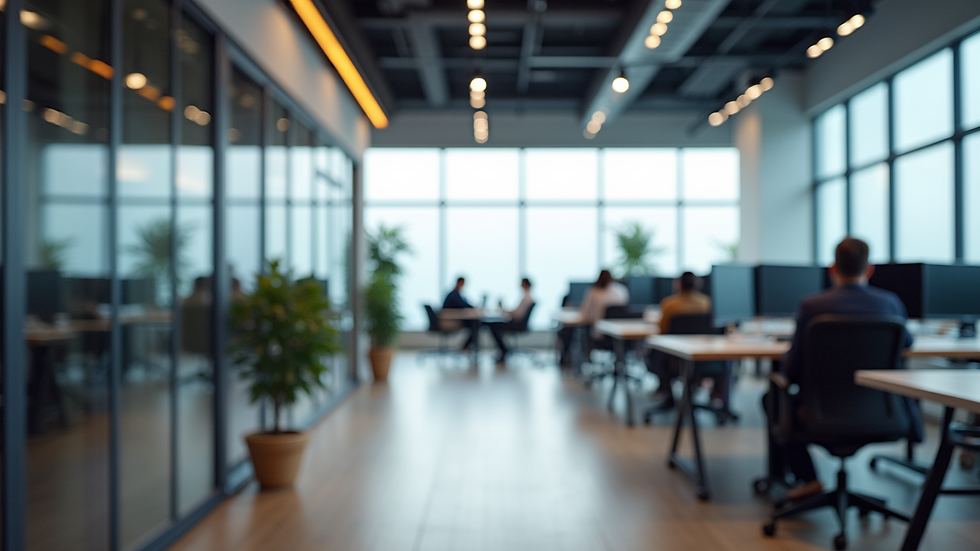 Eye-level view of a modern office space with collaborative workstations