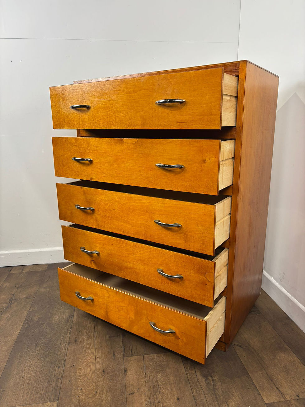 Thumbnail: Mid Century Oak Veneer Five Drawer Bedroom Chest