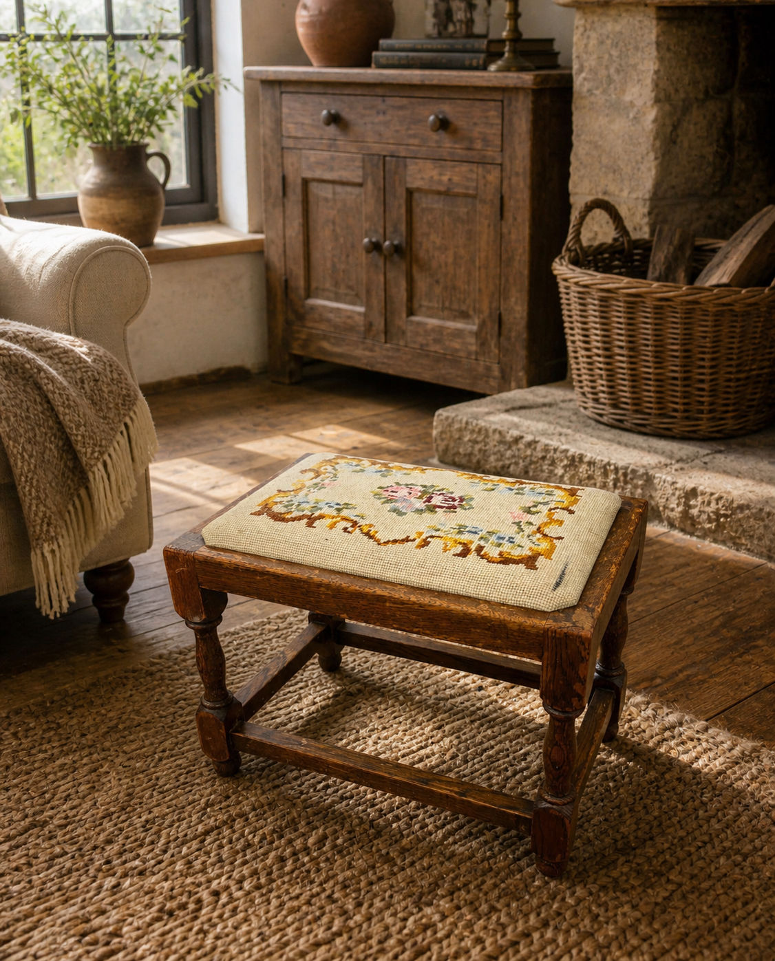 Vintage Oak Stool with Embroidered Pad