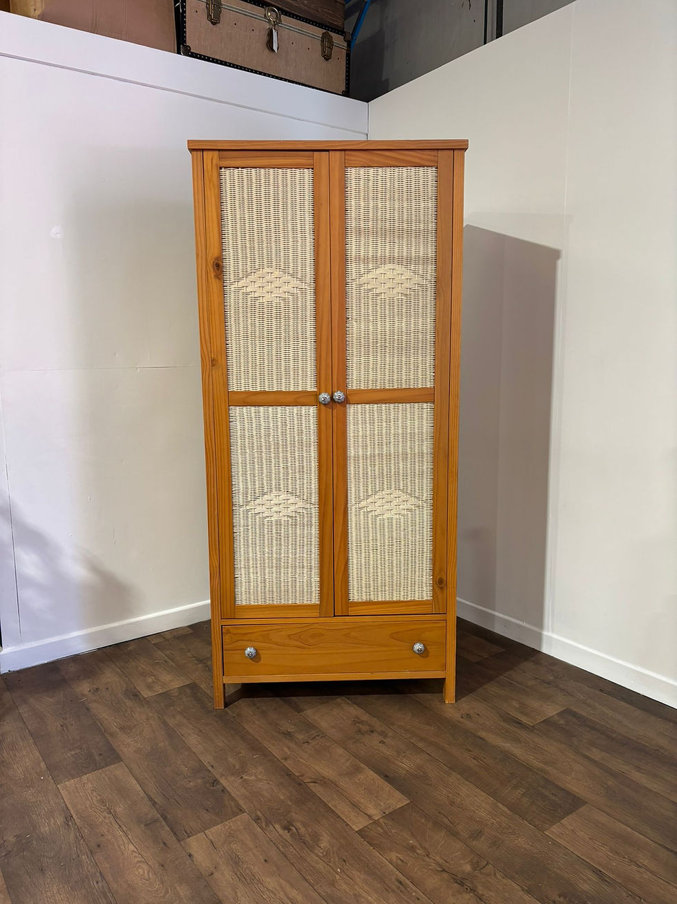 Contemporary Pine & Wicker Two Door Pine Wardrobe