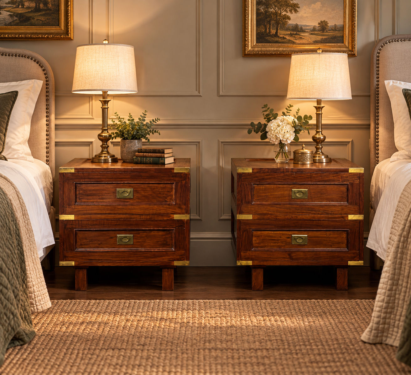 Pair of Campaign Style Hardwood Bedside Chests