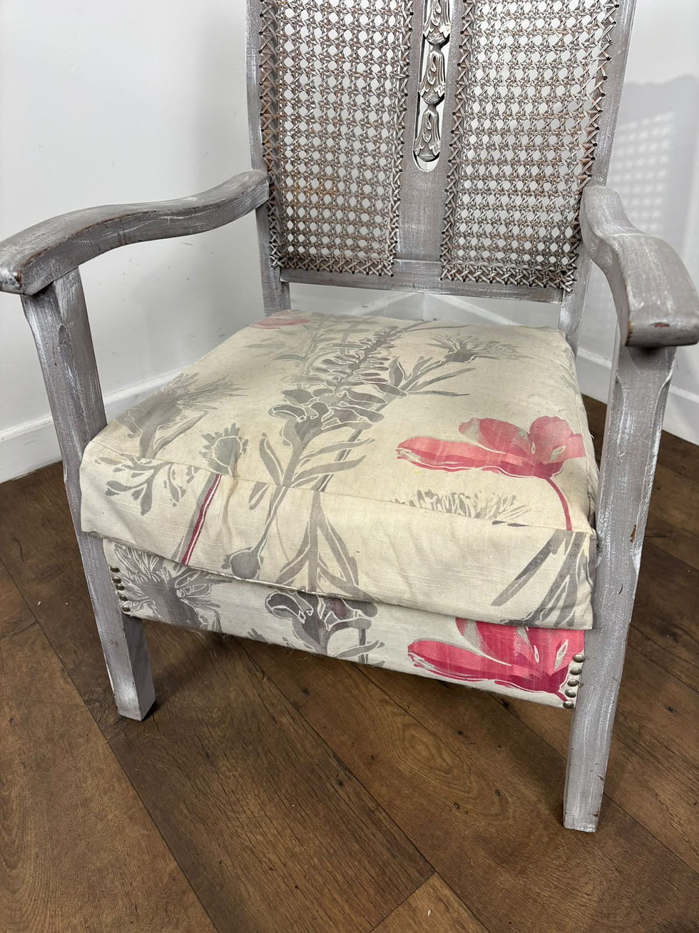 Thumbnail: Vintage Painted Grey Cane Back Armchair / Bedroom Chair