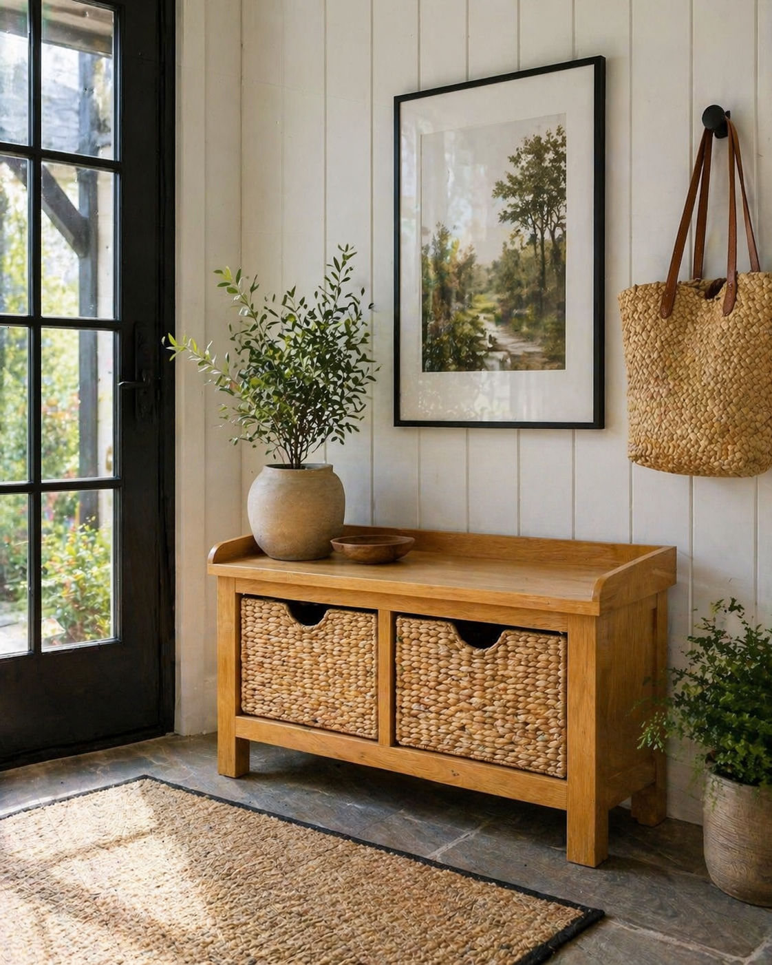 Modern Oak Storage Bench With Two Wicker Drawers